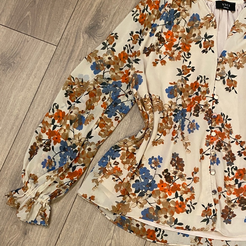 Vici Cream Floral Blouse with Blue and Orange Accents - Picture 5 of 9